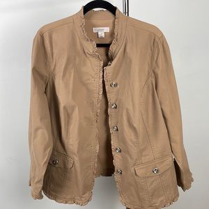 Khaki jacket with ruffled edge and sparkly buttons